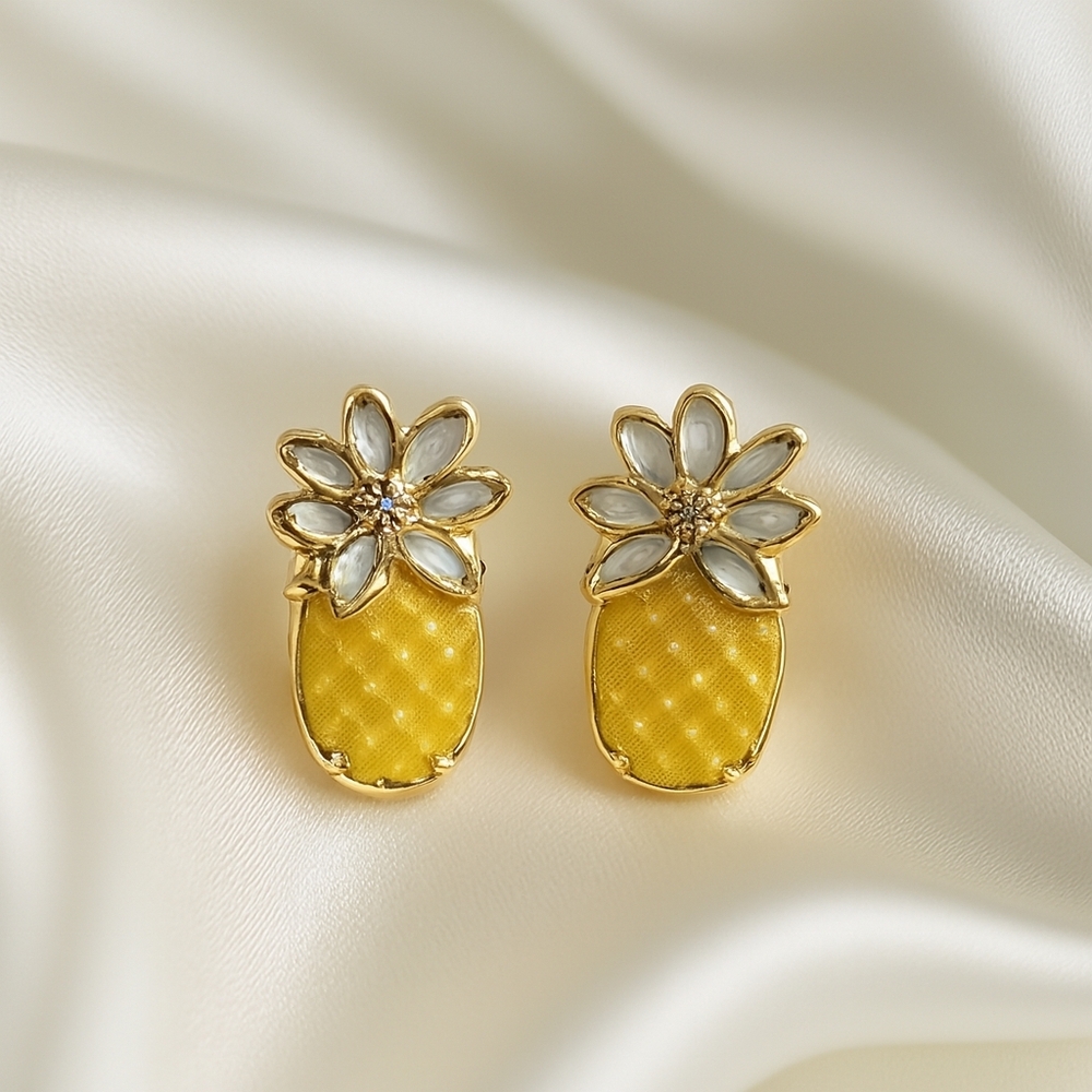 Minicci Pineapple Stud Earrings – Gold-Trimmed Yellow Enamel Iridescent Accent